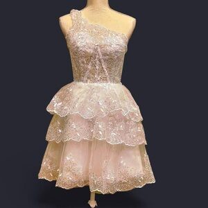 🪅One-Shoulder Flouncy Short Dress Sequins Lace Party Bridal Prom Size 2 NWOT🎊